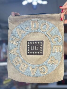 Dolce & Gabbana Beige Suede and Light Blue Denim Logo Pouch